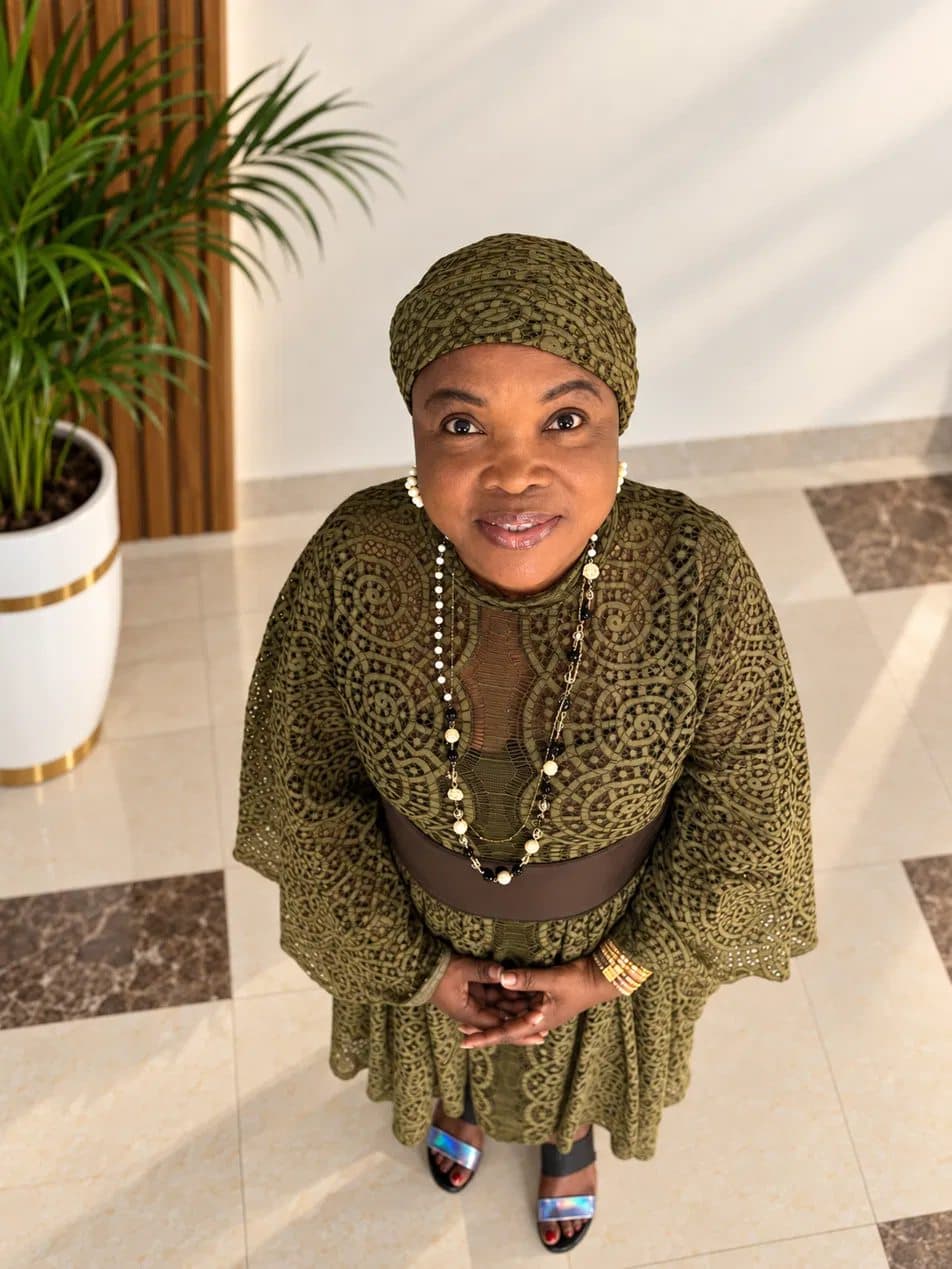 Yeside Ilesanmi smiling up at the camera, in olive lace