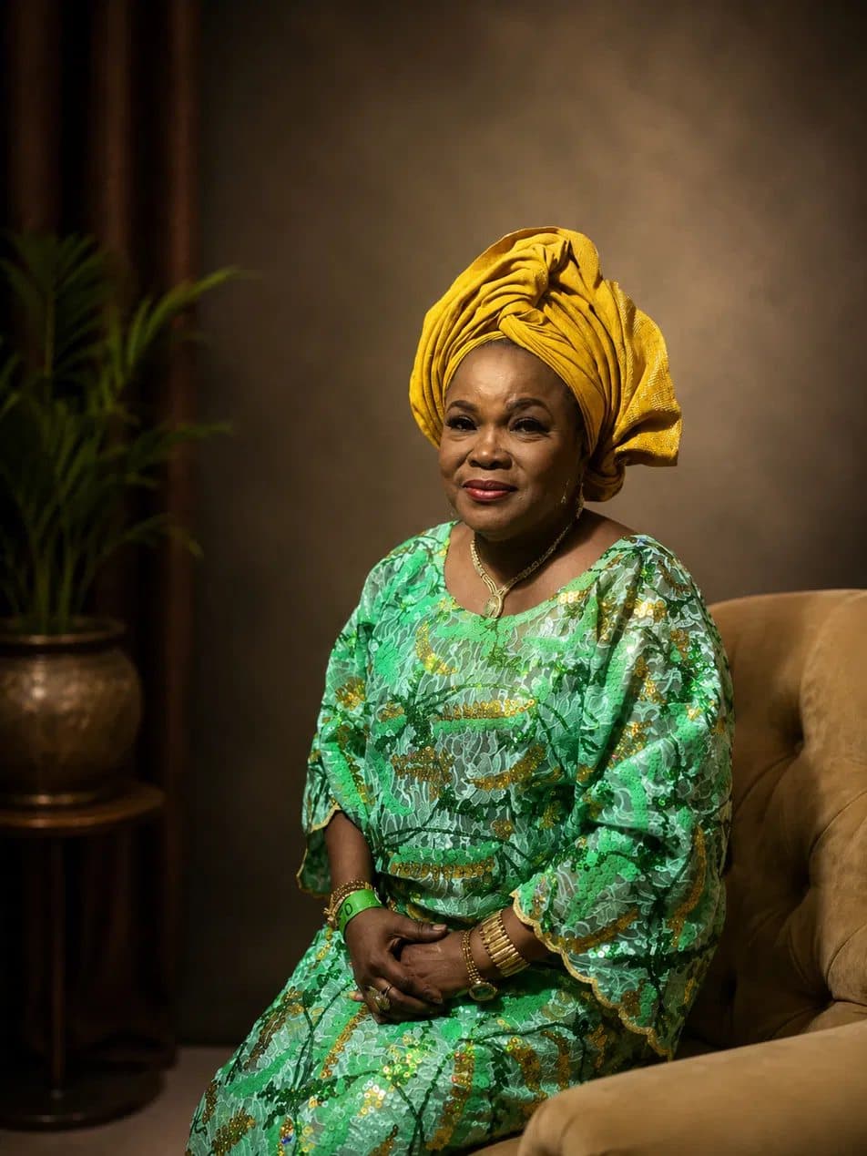 Yeside Ilesanmi, seated, in a green sequinned lace dress and a gold gele